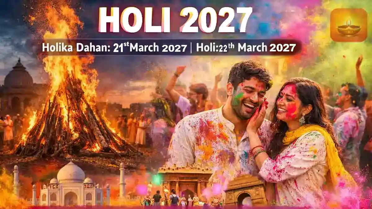Holi 2027 Date in India infographic showing Holika Dahan on 21 March and Rangwali Holi on 22 March with celebrations in Bihar, Vrindavan, Delhi, and Maharashtra.