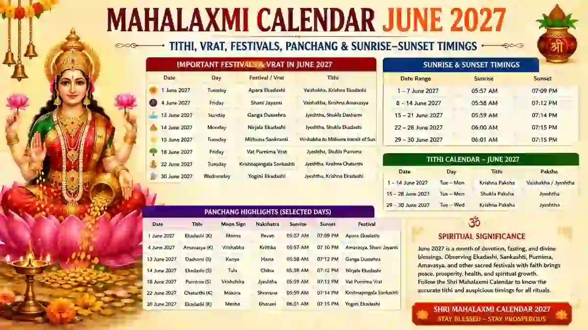 Mahalaxmi Calendar June 2027 featuring Apara Ekadashi, Nirjala Ekadashi, Vat Purnima, Shani Jayanti, Ganga Dussehra, Panchang, Tithi and Hindu festival dates.