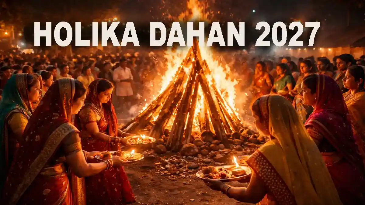 Holika Dahan 2027 bonfire ritual with people performing puja in India