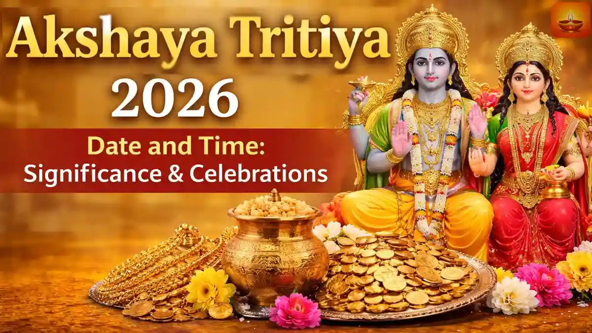 Akshaya Tritiya 2026 celebration with Lord Vishnu and Goddess Lakshmi, gold coins, flowers and puja setup