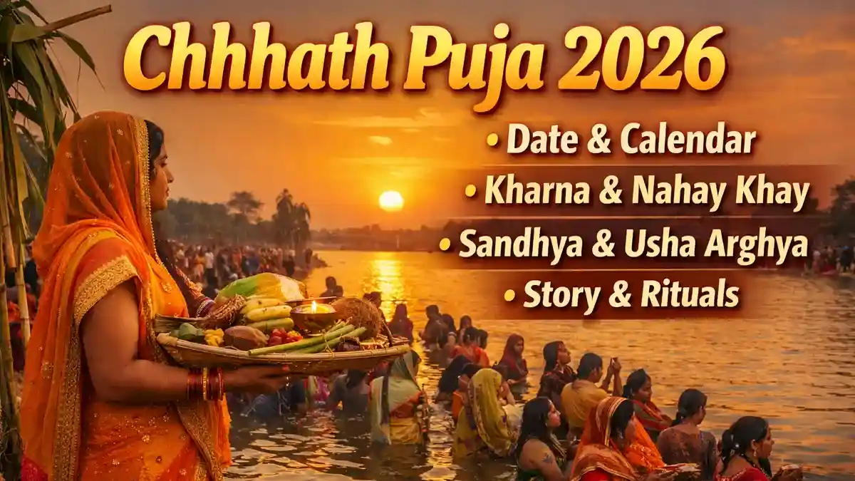 Chhath Puja 2026 devotees offering Sandhya Arghya to Sun God at river ghat during sunset with traditional rituals