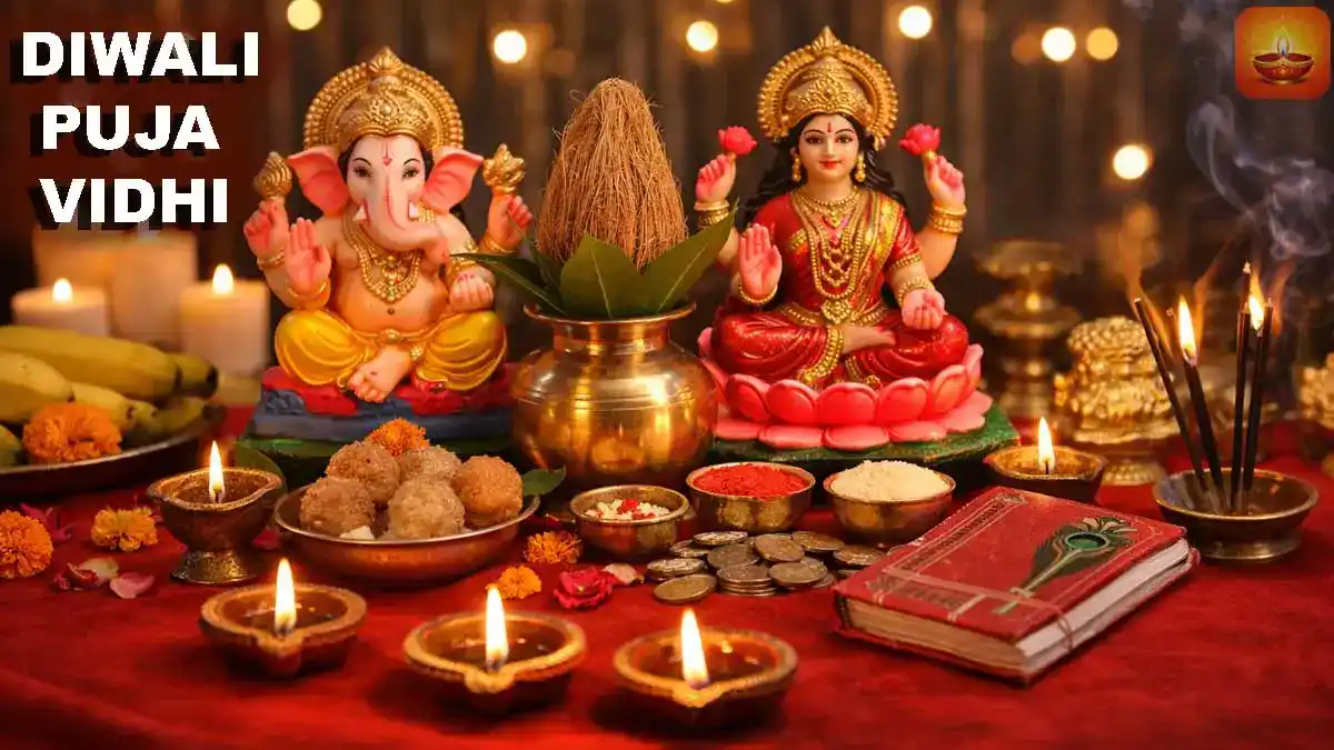 Diwali Puja Vidhi setup with Lakshmi Ganesh idols, diya, sweets and samagri at home