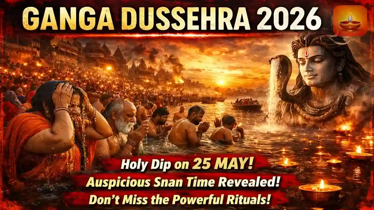 Ganga Dussehra 2026 holy dip at Haridwar, Varanasi ghats with devotees taking Ganga Snan on 25 May, dramatic sunrise, Ganga Aarti and spiritual river scene