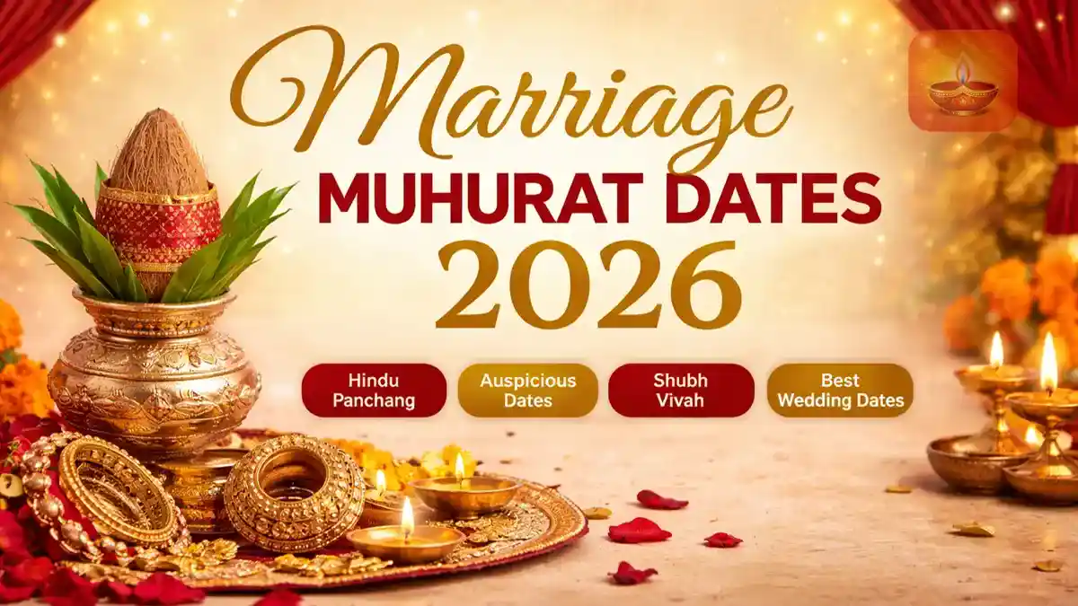 Marriage Muhurat Dates 2026 Hindu Panchang with Kalash, diya and auspicious wedding setup