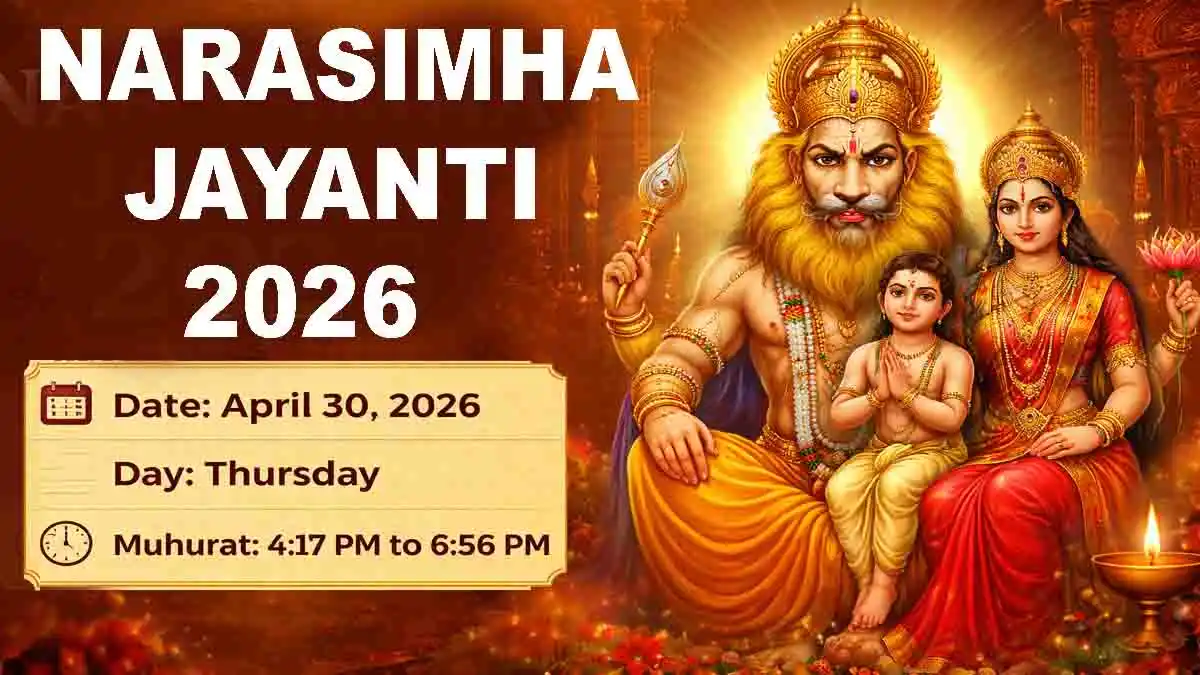 Narasimha Jayanti 2026 date and time poster with Lord Narasimha Lakshmi and Prahlad illustration
