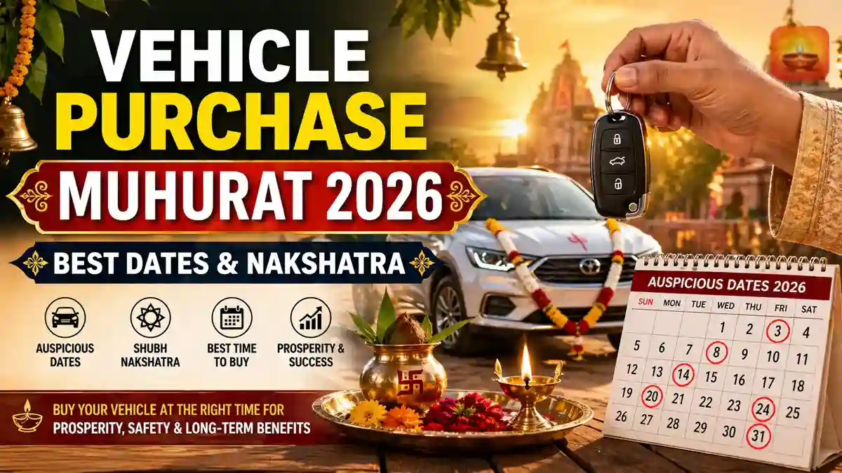 Vehicle Purchase Muhurat 2026 with car keys, new car, auspicious calendar dates and diya showing best time to buy car in India