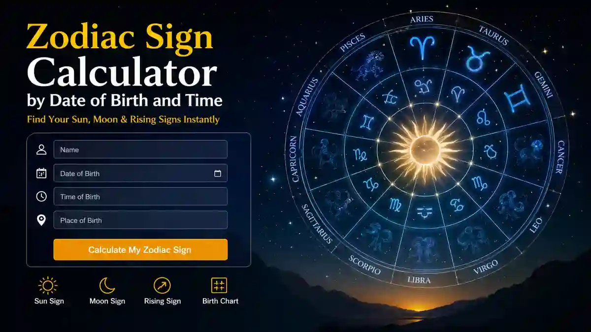 Zodiac sign calculator by date of birth and time showing Sun sign, Moon sign and Rising sign birth chart tool