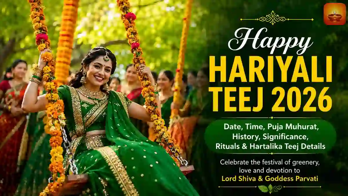 Women celebrating Hariyali Teej 2026 festival with swings, green sarees, mehendi, and traditional Sawan decorations