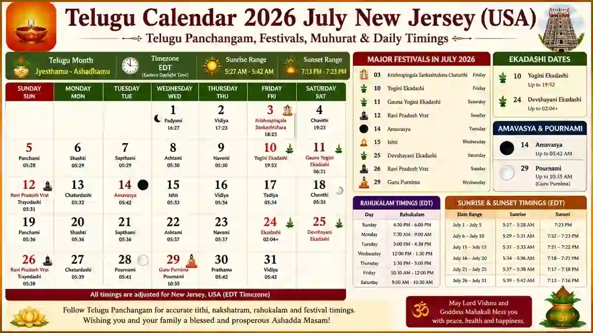 Telugu Calendar 2026 July New Jersey USA with Telugu Panchangam, Guru Purnima, Ekadashi, Rahukalam, sunrise sunset timings and Ashada Masam festivals
