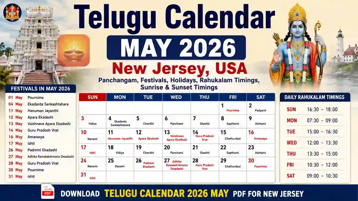 Telugu Calendar 2026 May New Jersey USA with Panchangam, festivals, Rahukalam timings, sunrise and sunset details