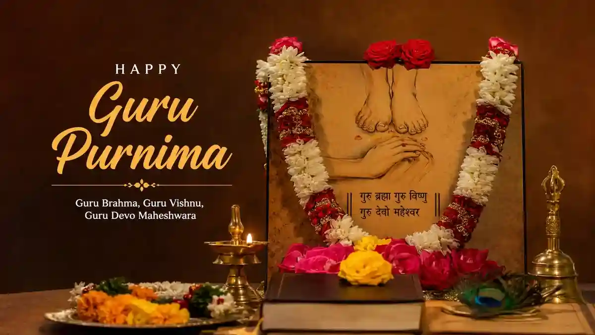 Guru Purnima 2026 celebration with Guru Puja, traditional lamp, flowers, sacred scripture, and spiritual offerings showing the date, timing, and significance of Guru Purnima.