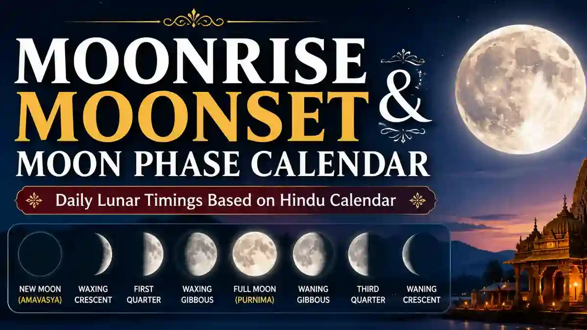Moonrise, Moonset and Moon Phase time with full moon and Hindu temple.