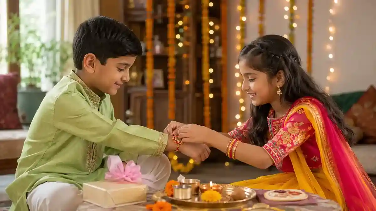 Brother and sister celebrating Raksha Bandhan 2026 by tying Rakhi during the auspicious Muhurat on 28 August with traditional Puja Thali and festive decorations.