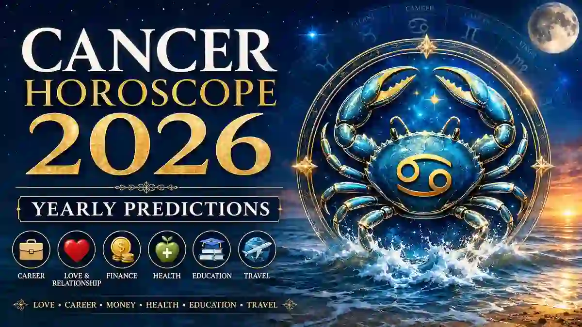 Cancer Horoscope 2026 yearly predictions for career, love, marriage, finance, health, education, travel, and monthly horoscope.