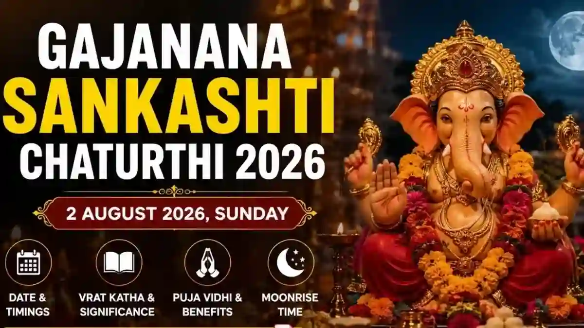 Gajanana Sankashti Chaturthi 2026 featuring Lord Ganesha idol with moonrise, puja timings, vrat katha, Sankashti Chaturthi dates 2026 list and fasting rituals
