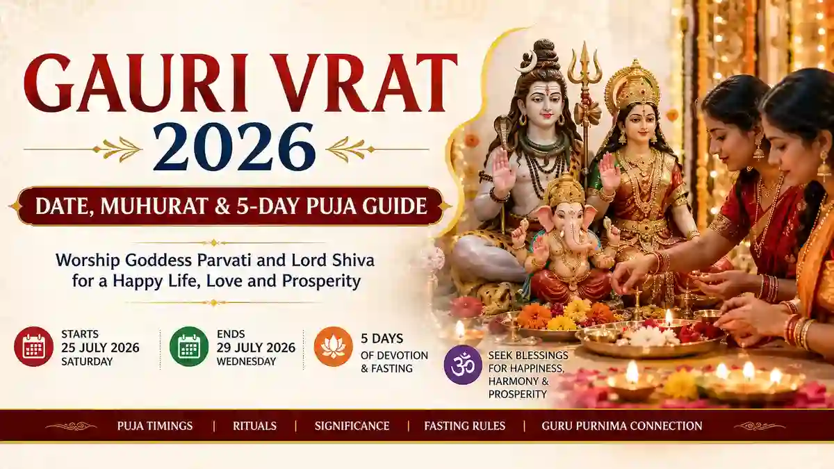 Women worshipping Goddess Parvati and Lord Shiva during Gauri Vrat 2026 with flowers, diyas and traditional puja rituals.