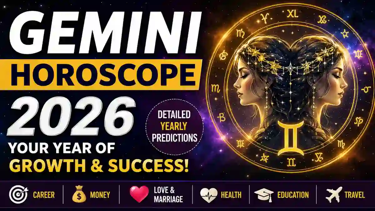 Gemini Horoscope 2026 yearly predictions for career, love, money, marriage, health, travel, education, and monthly horoscope
