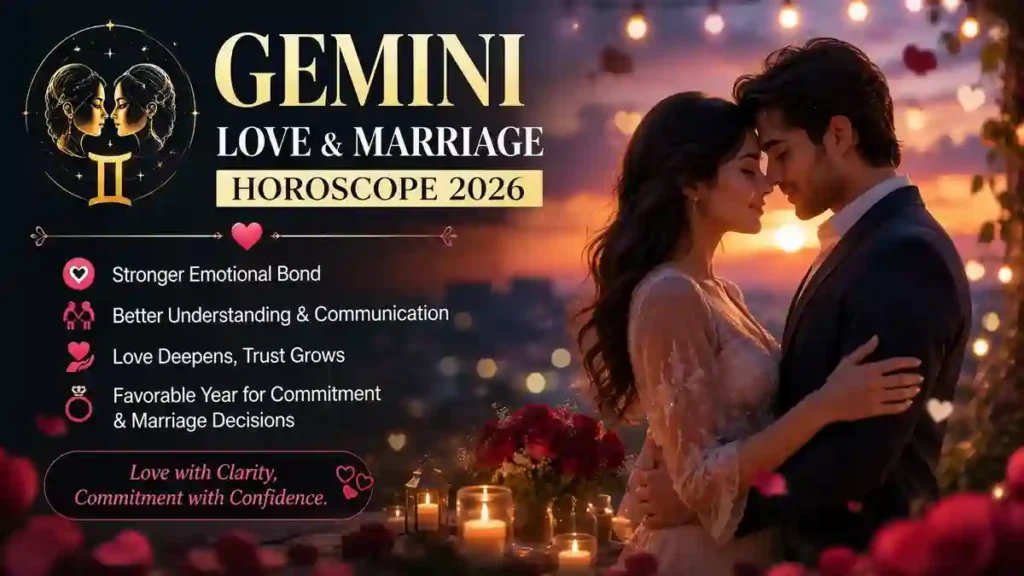 Gemini Love and Marriage Horoscope 2026 showing romantic predictions for relationships, commitment, and married life.