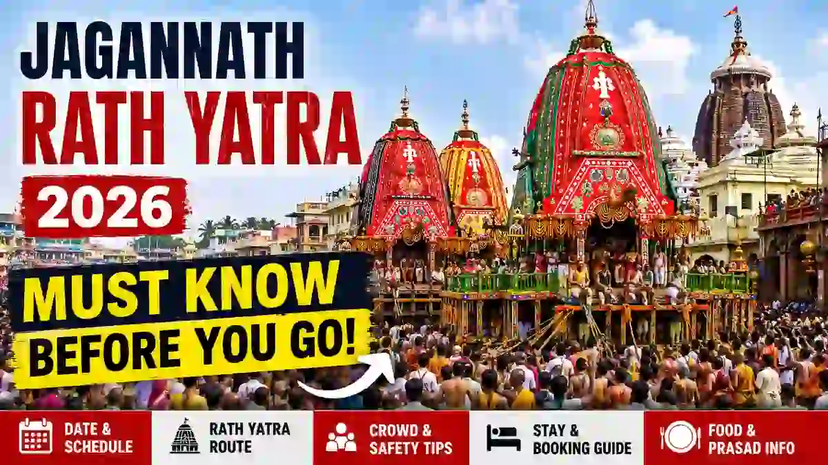 Jagannath Rath Yatra 2026 date with Lord Jagannath, Balabhadra and Subhadra on their grand chariots in Puri, Odisha.