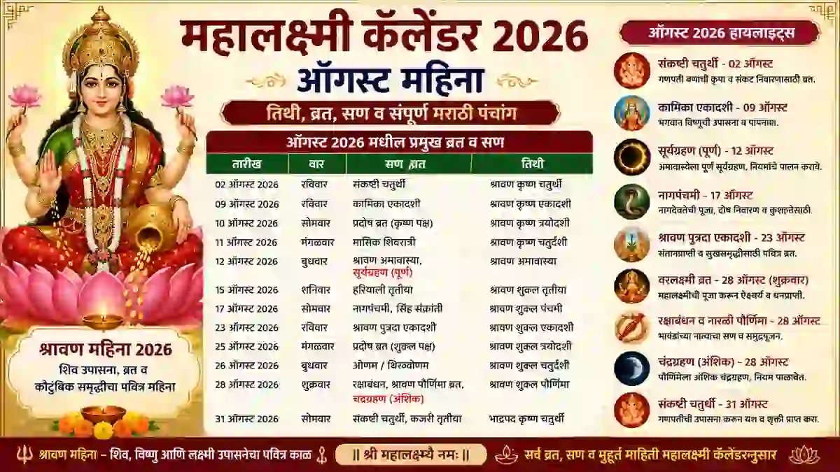 महालक्ष्मी कॅलेंडर 2026 ऑगस्ट महिना – श्रावणातील तिथी, नागपंचमी, रक्षाबंधन, वरलक्ष्मी व्रत आणि संपूर्ण मराठी पंचांग