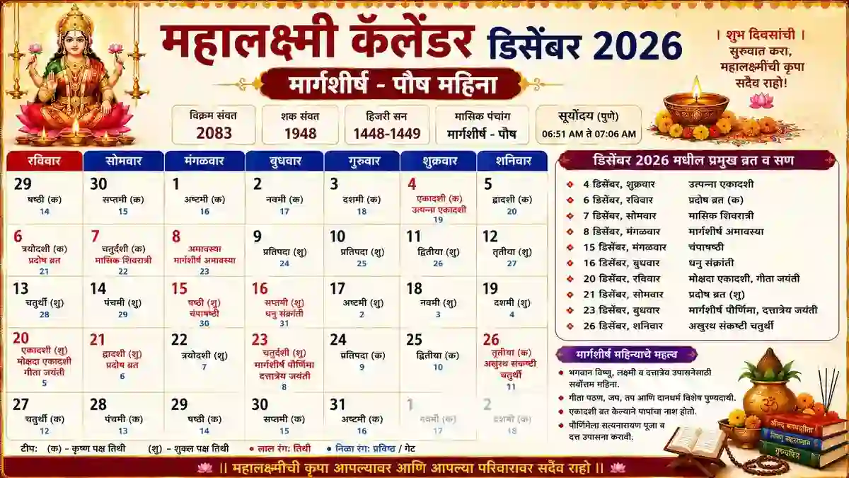 महालक्ष्मी कॅलेंडर डिसेंबर 2026 मराठी पंचांग तिथी व्रत सण