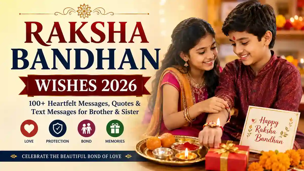Raksha Bandhan Wishes 2026 with Rakhi, gifts, sweets and happy brother and sister celebrating the festival.