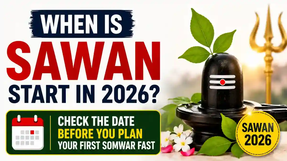 Simple thumbnail showing the Sawan 2026 start date, first Sawan Somwar, and Lord Shiva Shivling with Bilva leaves.
