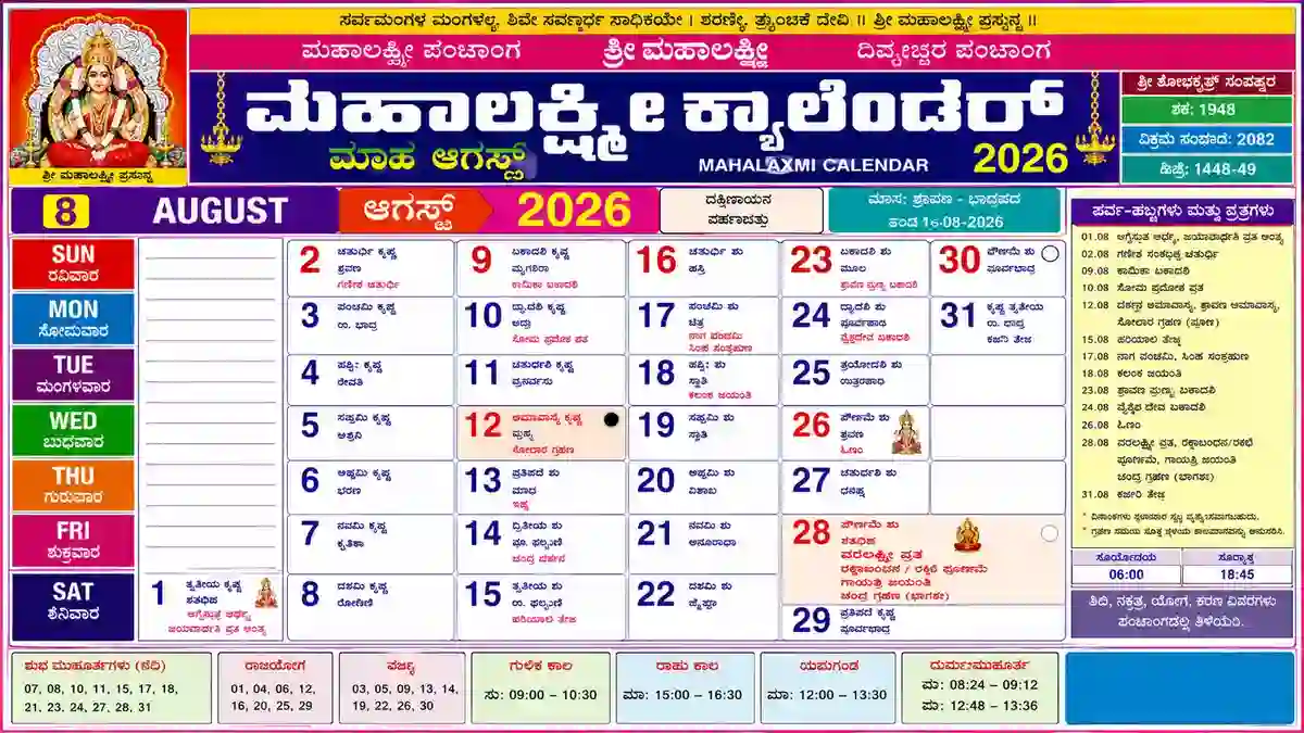 Mahalaxmi Calendar 2026 August Kannada with Panchang, Festivals, Vrat Dates and Daily Calendar
