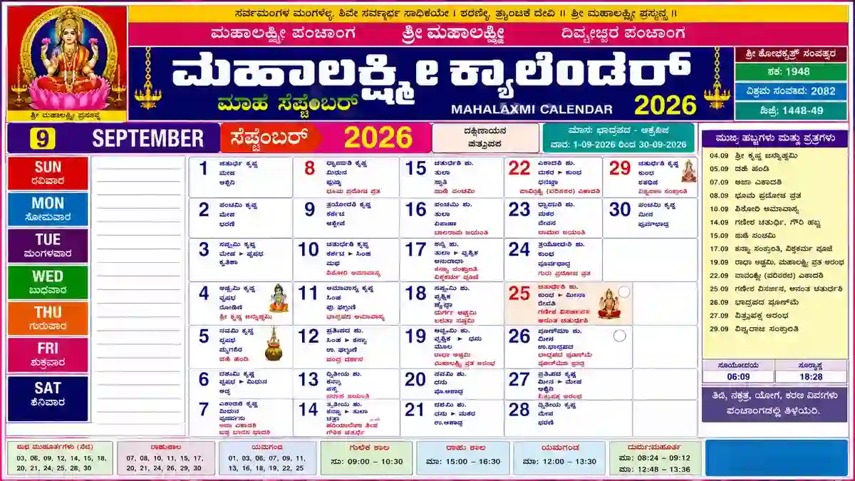 Shri Mahalaxmi Calendar 2026 September Kannada with Ganesh Chaturthi, Krishna Janmashtami, Gowri Habba, Panchang and Festival Dates
