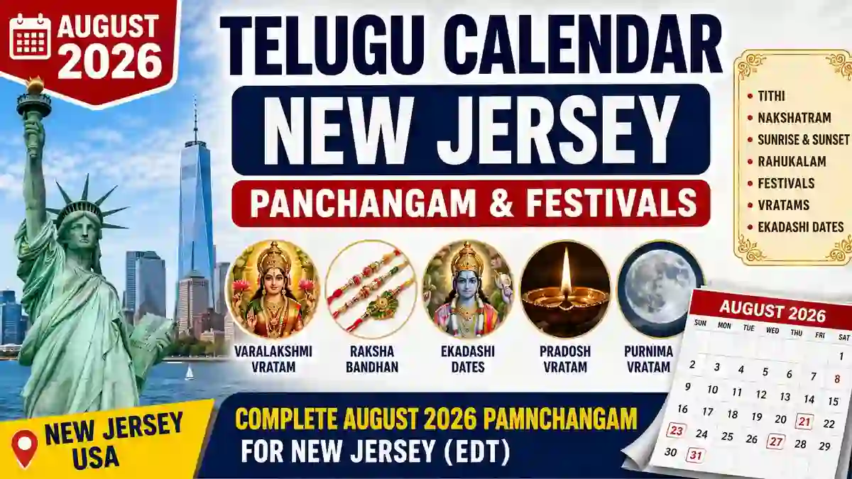 Telugu Calendar 2026 August New Jersey with daily Panchangam, Tithi, Nakshatram, sunrise, sunset, Varalakshmi Vratam, Raksha Bandhan, and August festivals.