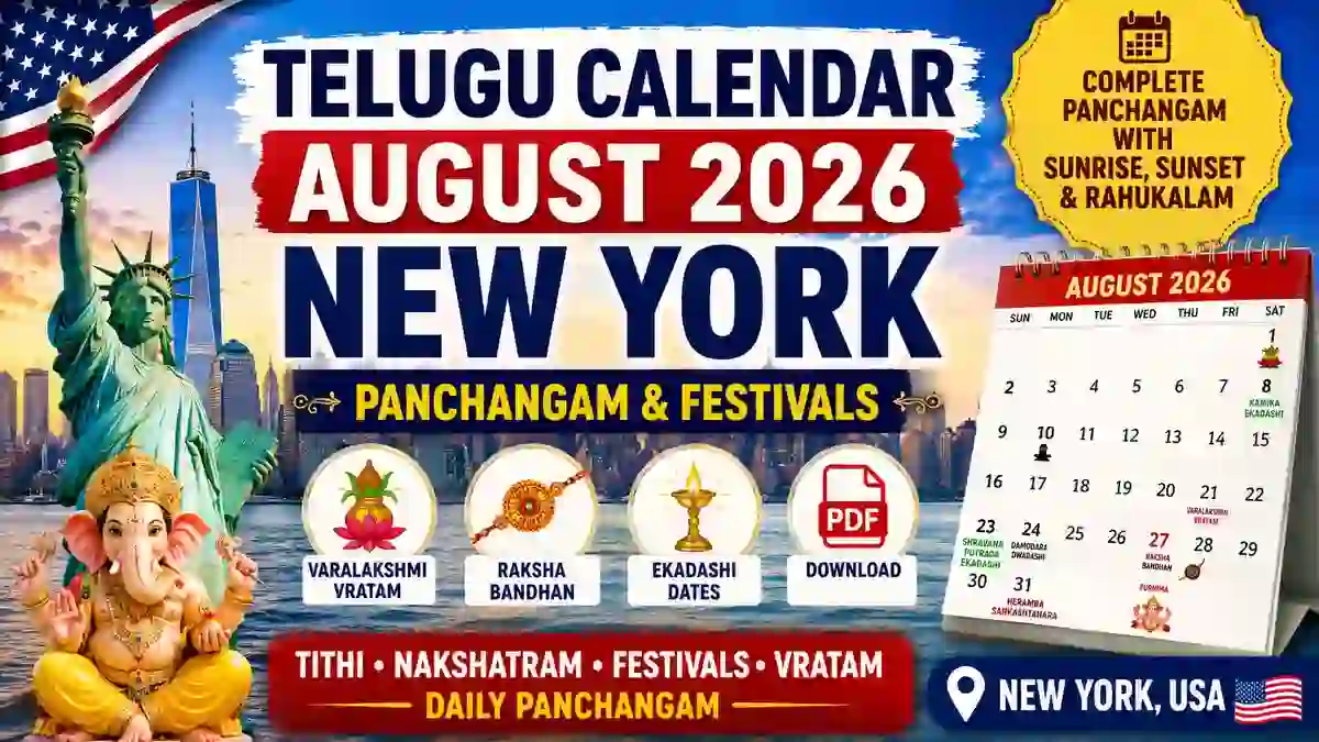 Telugu Calendar 2026 August New York featuring Panchangam, Varalakshmi Vratam, Raksha Bandhan, Ekadashi dates, sunrise, sunset and Telugu festivals.