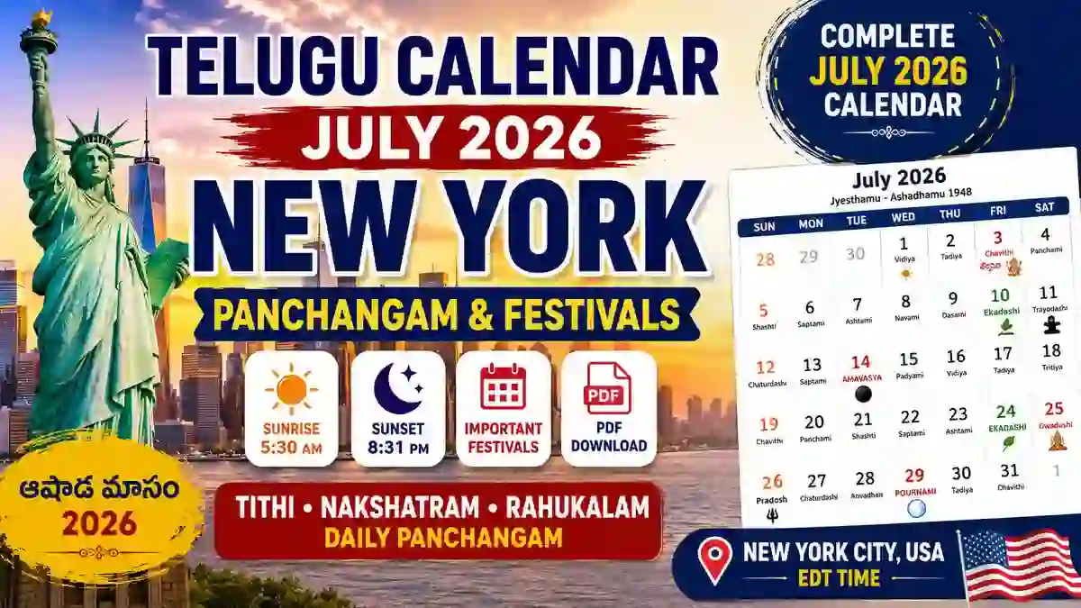 Telugu Calendar 2026 July New York with Panchangam, Telugu festivals, Tithi, Nakshatram, sunrise, sunset and PDF download