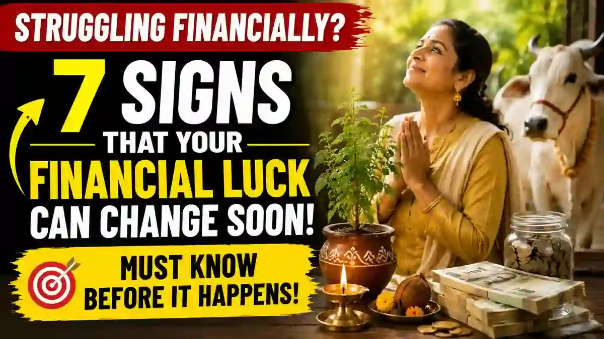 Illustration showing traditional symbols of prosperity including Tulsi plant, cow, coconut, and financial growth representing good fortune.