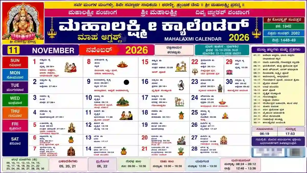 Shri Mahalaxmi Calendar 2026 November Kannada
