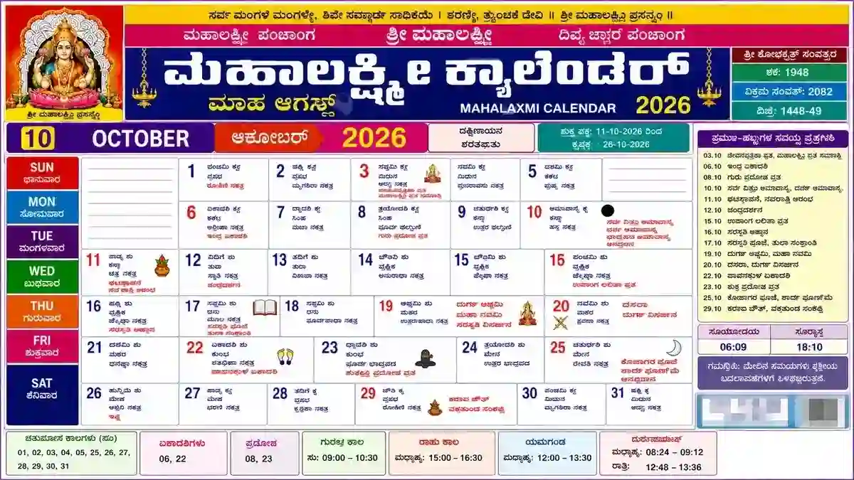 Mahalaxmi Calendar October 2026 with Kannada festivals and Panchang