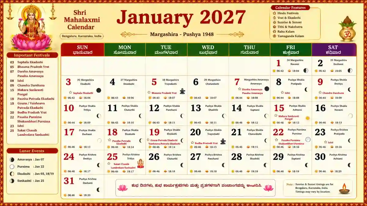 Shri Mahalaxmi Calendar 2027 January Kannada with festivals, Ekadashi, Amavasya, Purnima and Panchanga
